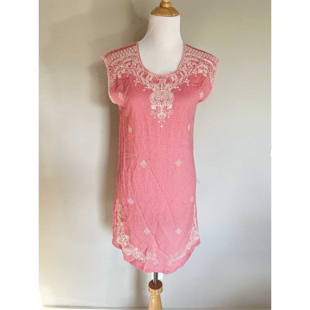 Esley Sleeveless Tunic Dress Size S Pink Embroidered Boho Coastal Beach